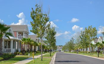 Residential street with colorful homes